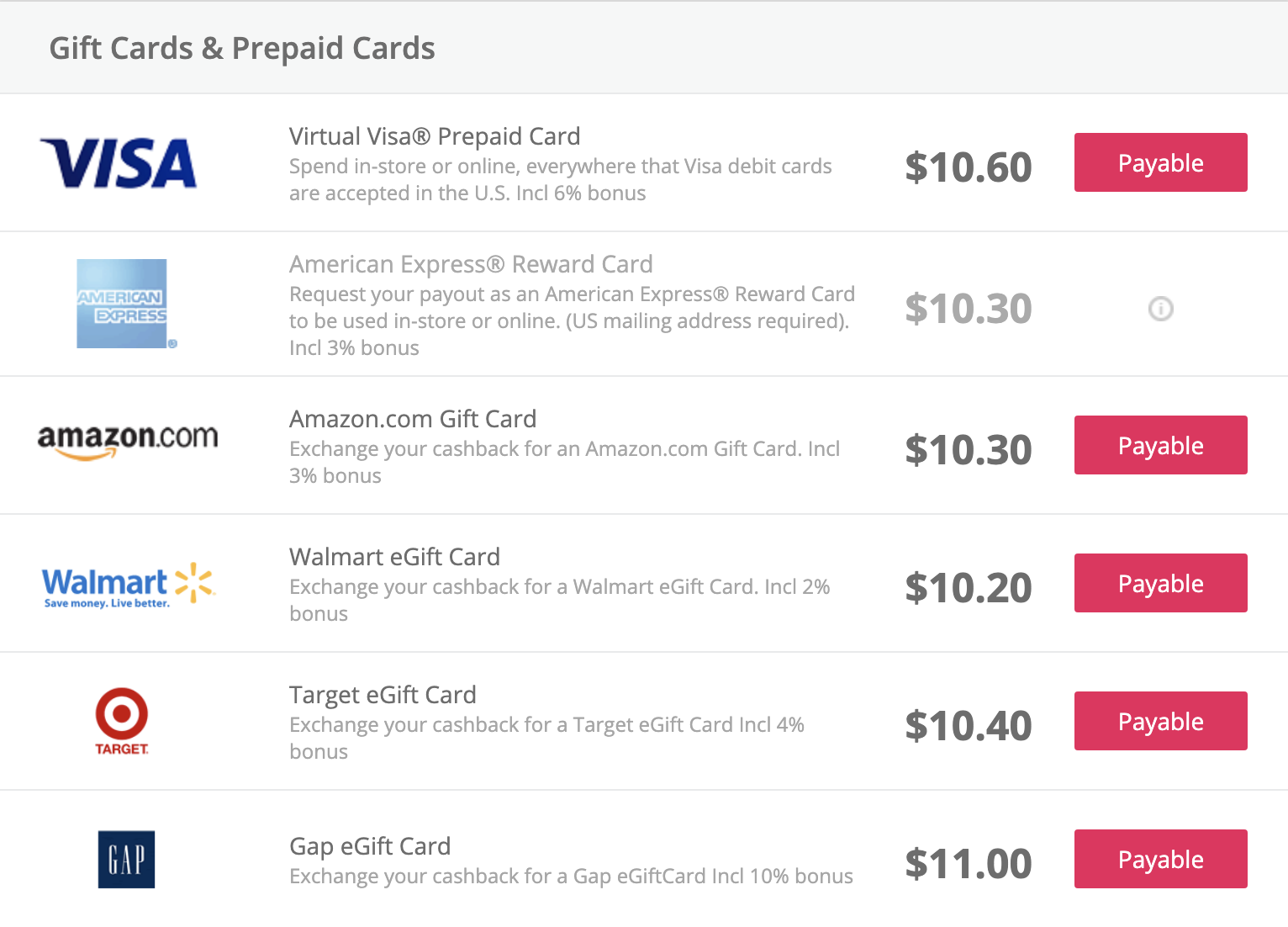 topcashback gift card option