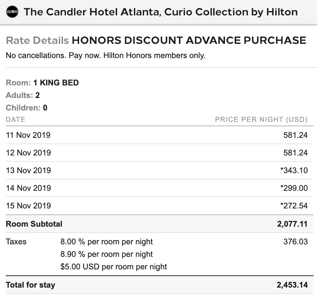 Hilton Candler Cash Cost 5th Night