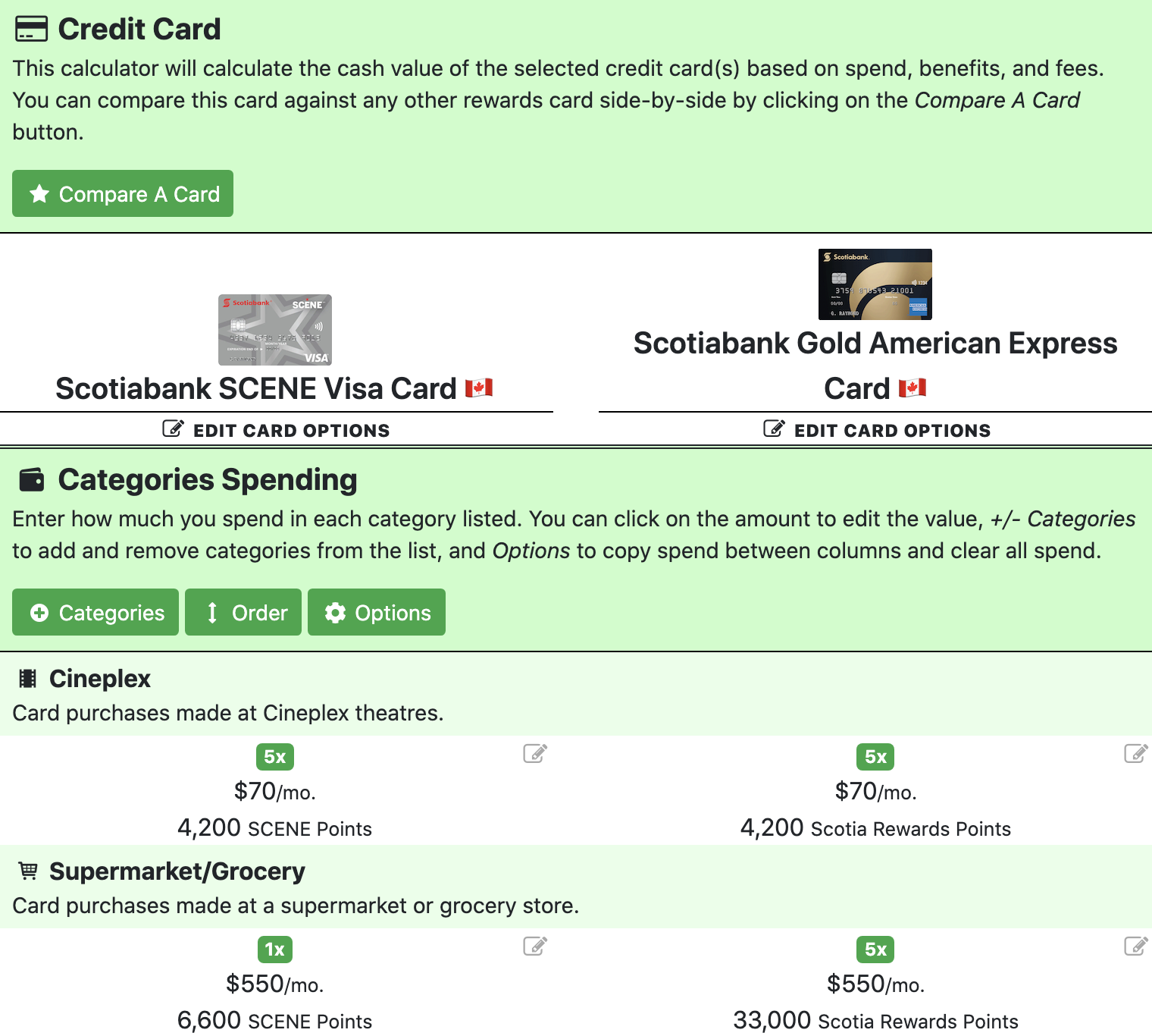 compare SCENE rewards cards side by side
