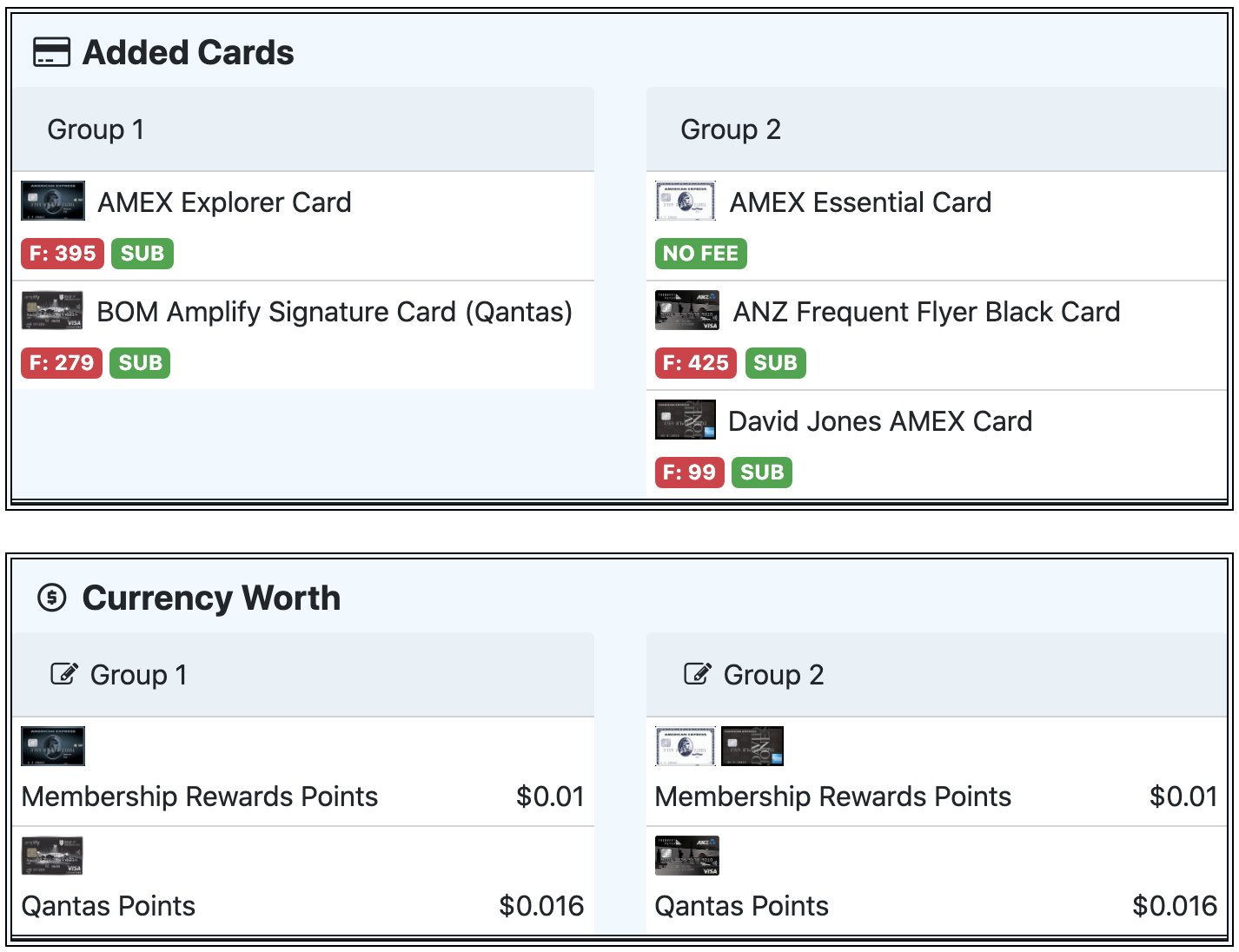 compare cards side by side