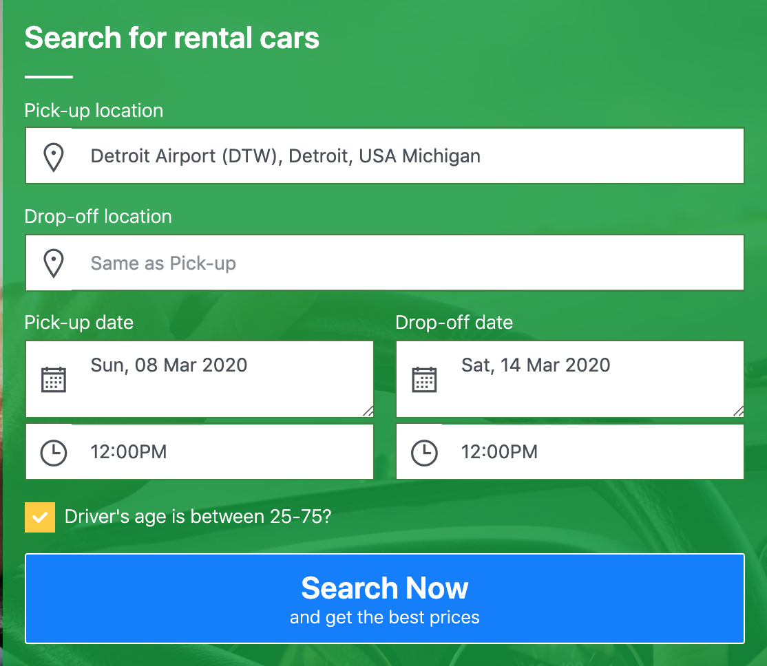 car rental 8 search box