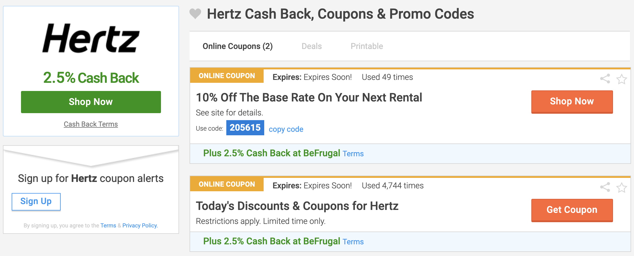 hertz befrugal cash back