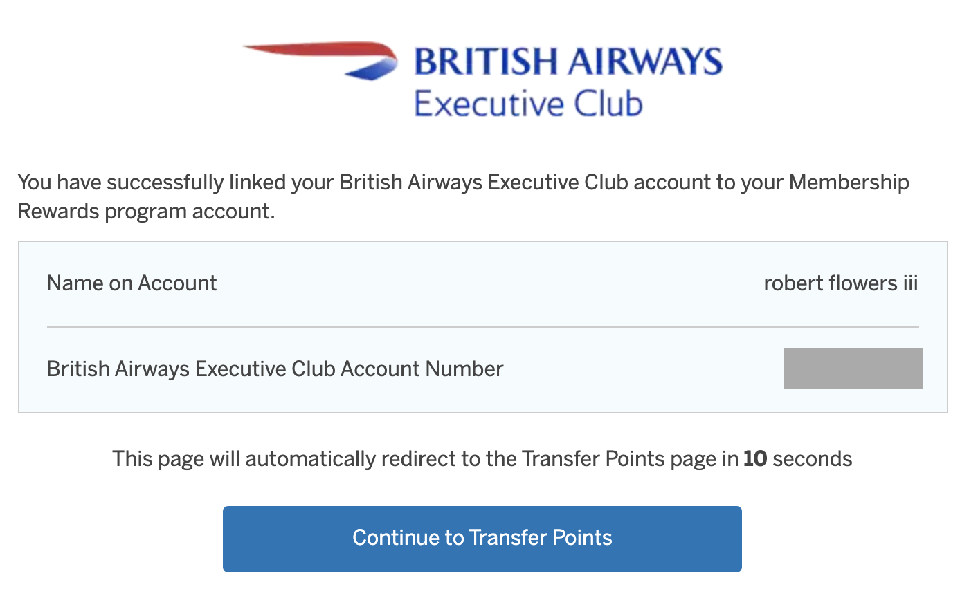british airways account linked amex membership rewards